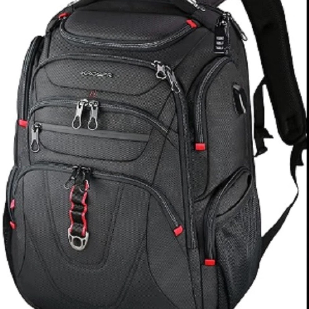 KROSER Black and Red Men's Backpack Laptop Bag with Charging Cord